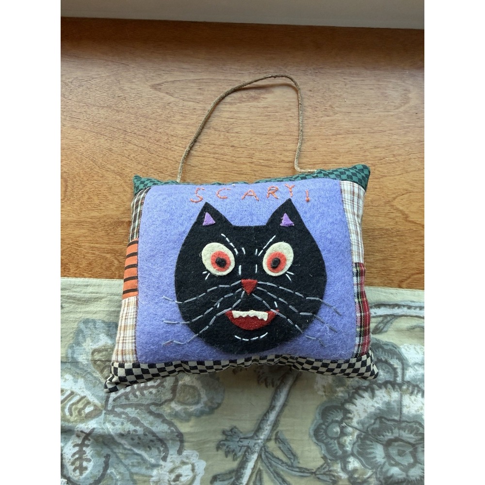 Vintage Handmade Halloween Black Cat Door Hanger Pillow Folk Art Primitive Scary